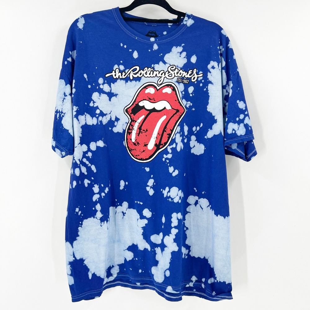 NWOT Rolling Stones Band T-Shirt XL‎ Blue Bleach Dye Graphic Tee Rock